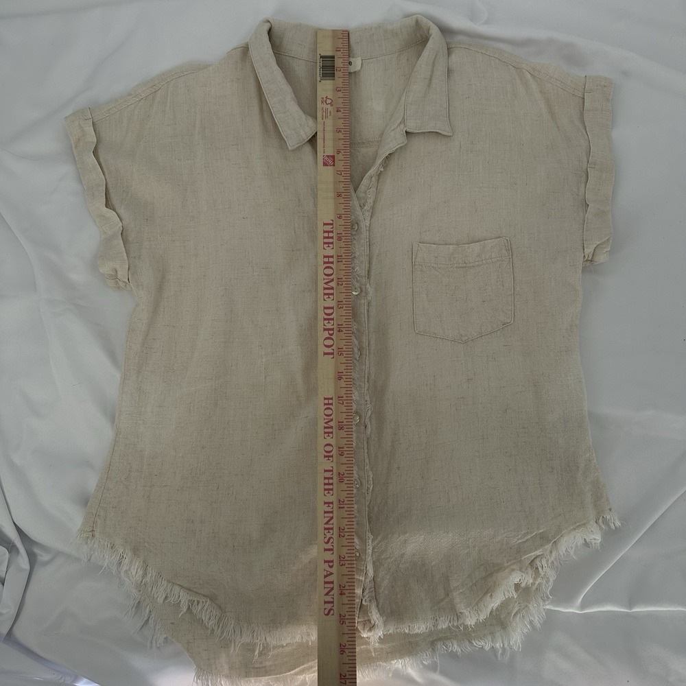 Umgee Sz S Oatmeal Beige Linen Blend Top Frayed Hem Shirt Rolled Cuff Sleeve - Picture 8 of 9